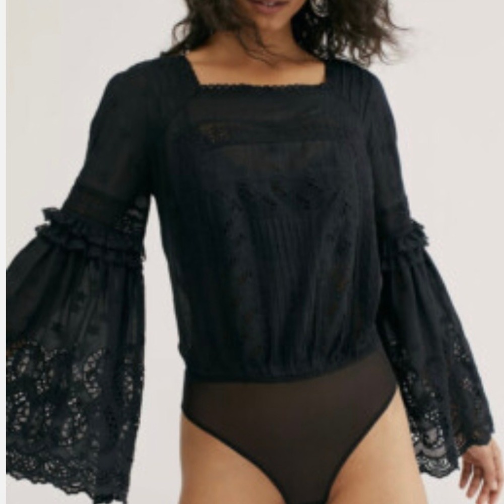 Free People Dreams Like These Bodysuit Black Lace Bell Sleeve Whimsigoth Boho M
